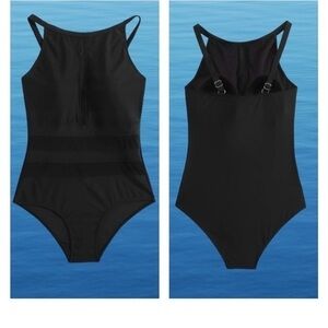 Black 1 Piece Modest Swimsuit Adjustable Straps Padded Top Sheer Strips NWOT XL